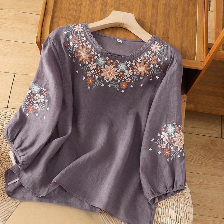 Buddha Stones Lässiges Damen-T-Shirt aus Baumwolle und Leinen mit Blumen- und Blattstickerei, Rundhalsausschnitt und Dreiviertelärmeln - Mittelviolett - US12， UK/AU16，EU44 (3XL) - image 0