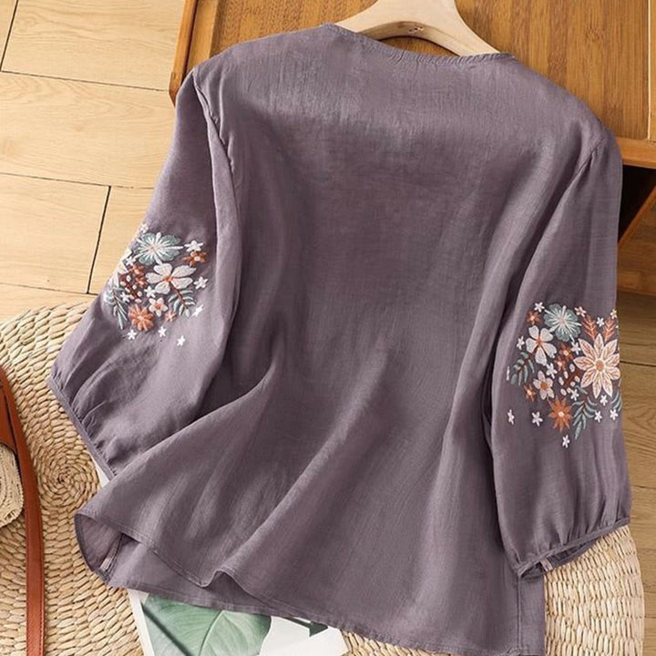 Buddha Stones Lässiges Damen-T-Shirt aus Baumwolle und Leinen mit Blumen- und Blattstickerei, Rundhalsausschnitt und Dreiviertelärmeln - image 4