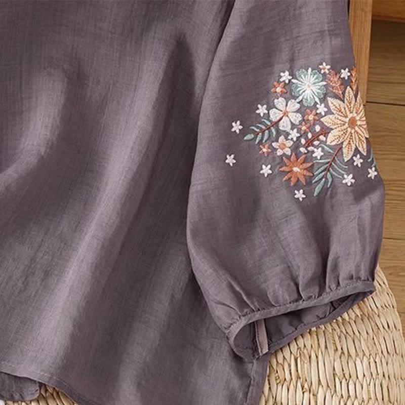 Buddha Stones Lässiges Damen-T-Shirt aus Baumwolle und Leinen mit Blumen- und Blattstickerei, Rundhalsausschnitt und Dreiviertelärmeln - image 3
