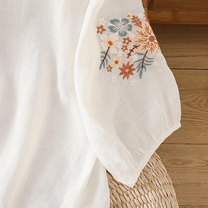 Buddha Stones Lässiges Damen-T-Shirt aus Baumwolle und Leinen mit Blumen- und Blattstickerei, Rundhalsausschnitt und Dreiviertelärmeln - image 9