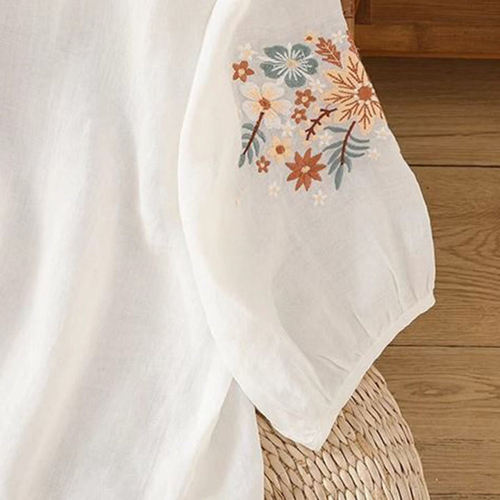 Buddha Stones Lässiges Damen-T-Shirt aus Baumwolle und Leinen mit Blumen- und Blattstickerei, Rundhalsausschnitt und Dreiviertelärmeln - image 9
