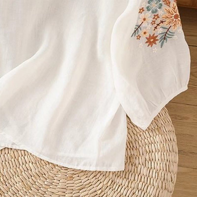 Buddha Stones Lässiges Damen-T-Shirt aus Baumwolle und Leinen mit Blumen- und Blattstickerei, Rundhalsausschnitt und Dreiviertelärmeln - image 10