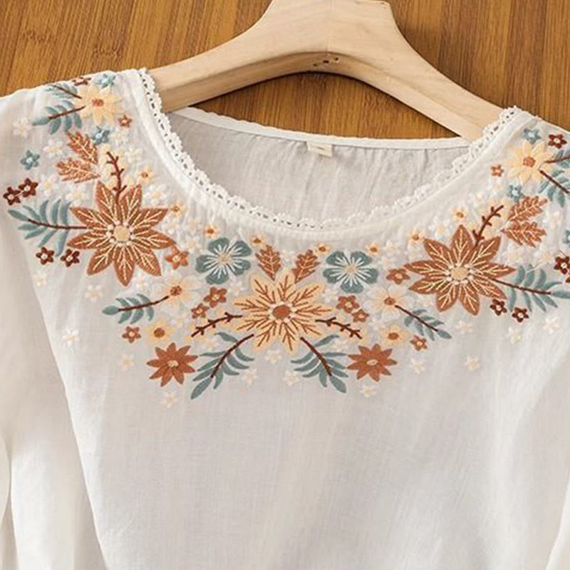 Buddha Stones Lässiges Damen-T-Shirt aus Baumwolle und Leinen mit Blumen- und Blattstickerei, Rundhalsausschnitt und Dreiviertelärmeln - image 6