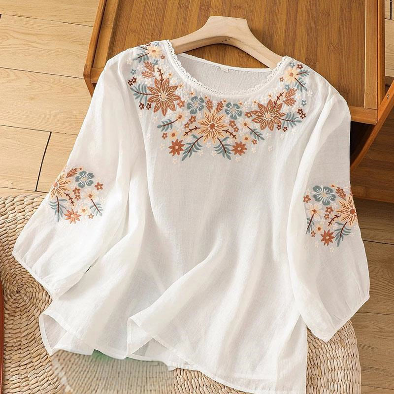Buddha Stones Lässiges Damen-T-Shirt aus Baumwolle und Leinen mit Blumen- und Blattstickerei, Rundhalsausschnitt und Dreiviertelärmeln - Schnee - US12， UK/AU16，EU44 (3XL) - image 5