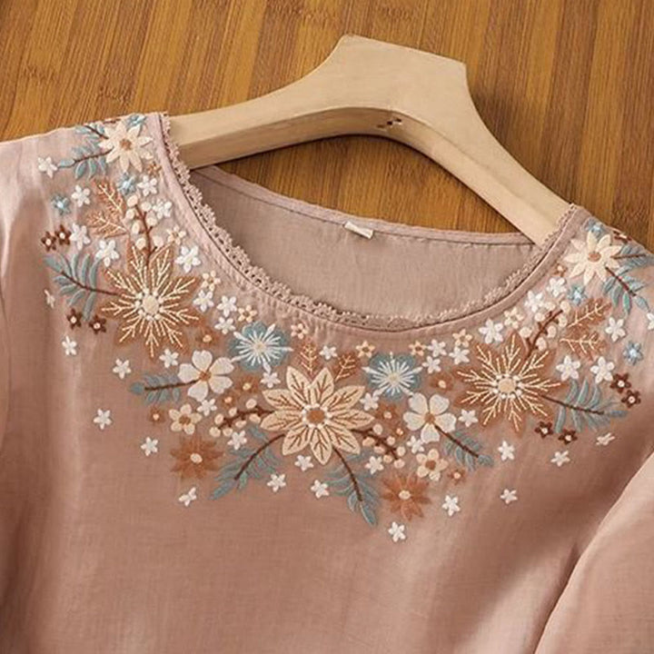 Buddha Stones Lässiges Damen-T-Shirt aus Baumwolle und Leinen mit Blumen- und Blattstickerei, Rundhalsausschnitt und Dreiviertelärmeln - image 13
