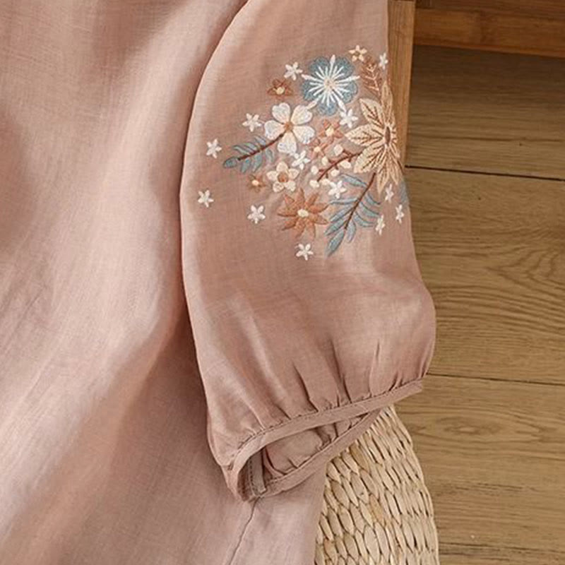 Buddha Stones Lässiges Damen-T-Shirt aus Baumwolle und Leinen mit Blumen- und Blattstickerei, Rundhalsausschnitt und Dreiviertelärmeln - image 15