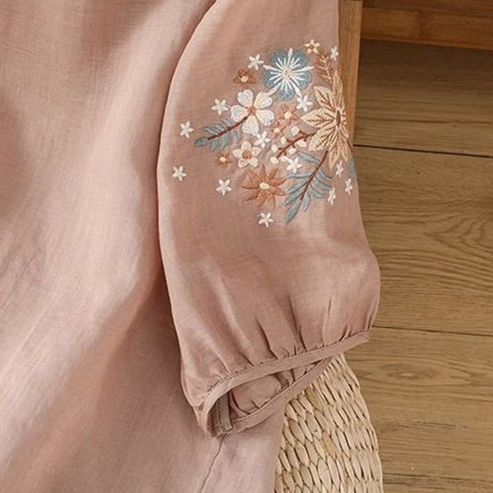 Buddha Stones Lässiges Damen-T-Shirt aus Baumwolle und Leinen mit Blumen- und Blattstickerei, Rundhalsausschnitt und Dreiviertelärmeln - image 15