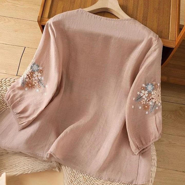 Buddha Stones Lässiges Damen-T-Shirt aus Baumwolle und Leinen mit Blumen- und Blattstickerei, Rundhalsausschnitt und Dreiviertelärmeln - image 12