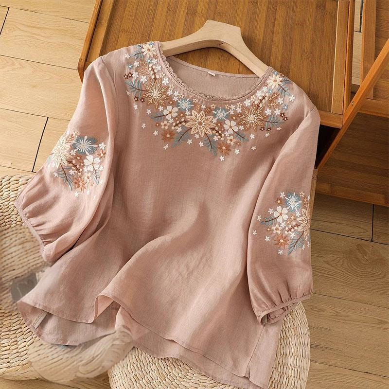 Buddha Stones Lässiges Damen-T-Shirt aus Baumwolle und Leinen mit Blumen- und Blattstickerei, Rundhalsausschnitt und Dreiviertelärmeln - DarkSalmon - US12， UK/AU16，EU44 (3XL) - image 11