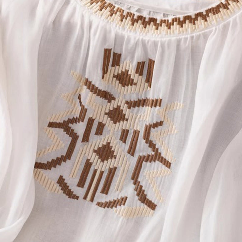 Buddha Stones Lässiges, symmetrisches Stickerei-T-Shirt für Damen mit Rundhalsausschnitt und halblangen Ärmeln aus Spandex