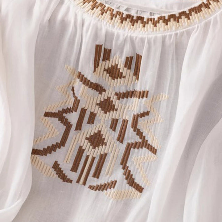 Buddha Stones Lässiges, symmetrisches Stickerei-T-Shirt für Damen mit Rundhalsausschnitt und halblangen Ärmeln aus Spandex