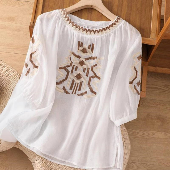 Buddha Stones Lässiges, symmetrisches Stickerei-T-Shirt für Damen mit Rundhalsausschnitt und halblangen Ärmeln aus Spandex