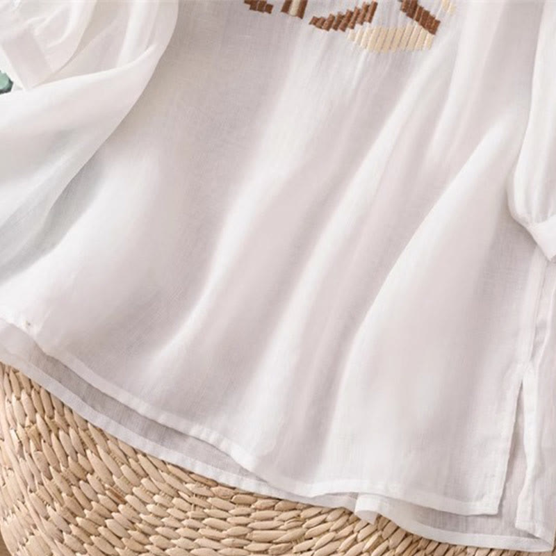 Buddha Stones Lässiges, symmetrisches Stickerei-T-Shirt für Damen mit Rundhalsausschnitt und halblangen Ärmeln aus Spandex