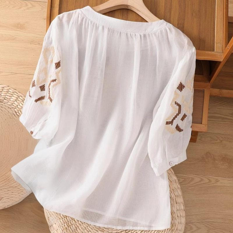 Buddha Stones Lässiges, symmetrisches Stickerei-T-Shirt für Damen mit Rundhalsausschnitt und halblangen Ärmeln aus Spandex