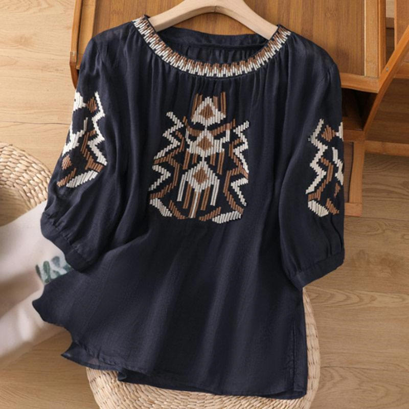 Buddha Stones Lässiges, symmetrisches Stickerei-T-Shirt für Damen mit Rundhalsausschnitt und halblangen Ärmeln aus Spandex