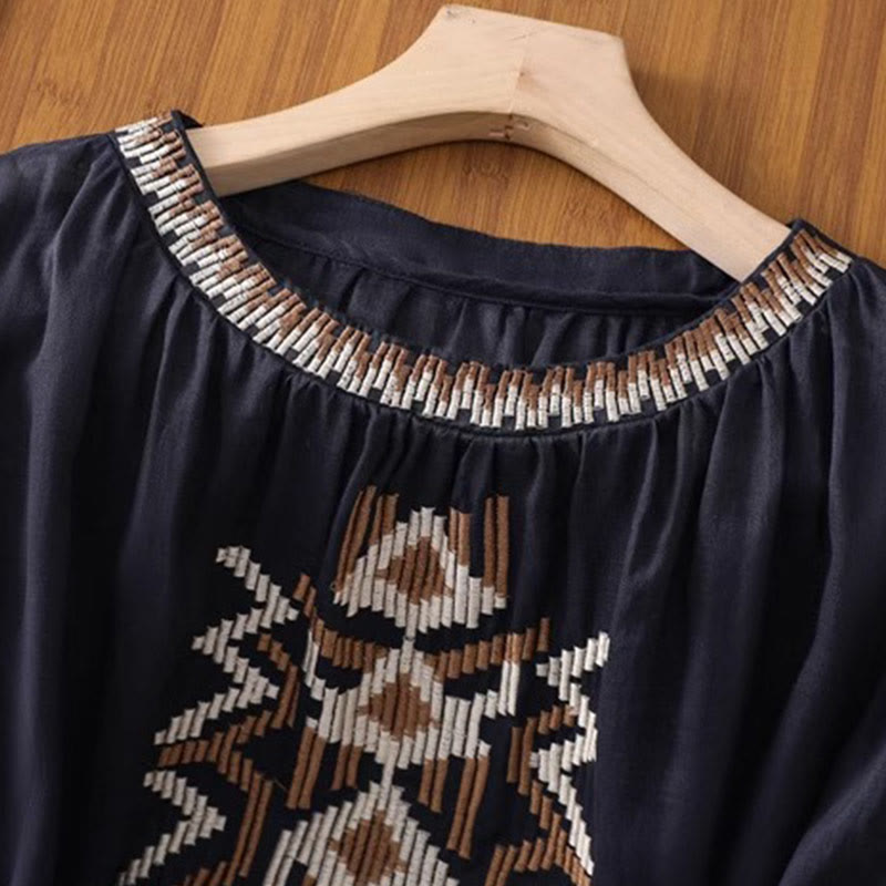 Buddha Stones Lässiges, symmetrisches Stickerei-T-Shirt für Damen mit Rundhalsausschnitt und halblangen Ärmeln aus Spandex