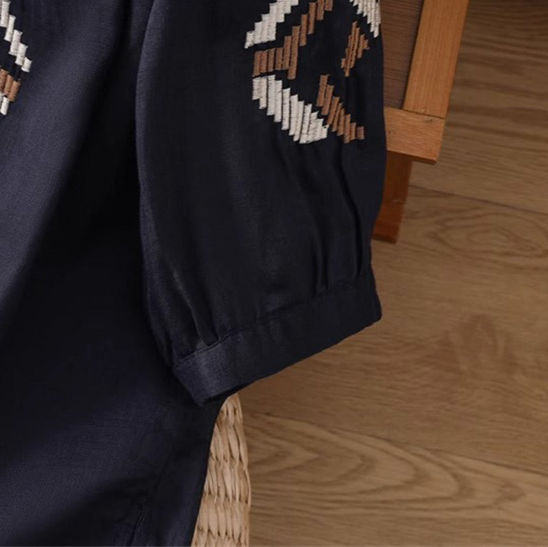 Buddha Stones Lässiges, symmetrisches Stickerei-T-Shirt für Damen mit Rundhalsausschnitt und halblangen Ärmeln aus Spandex