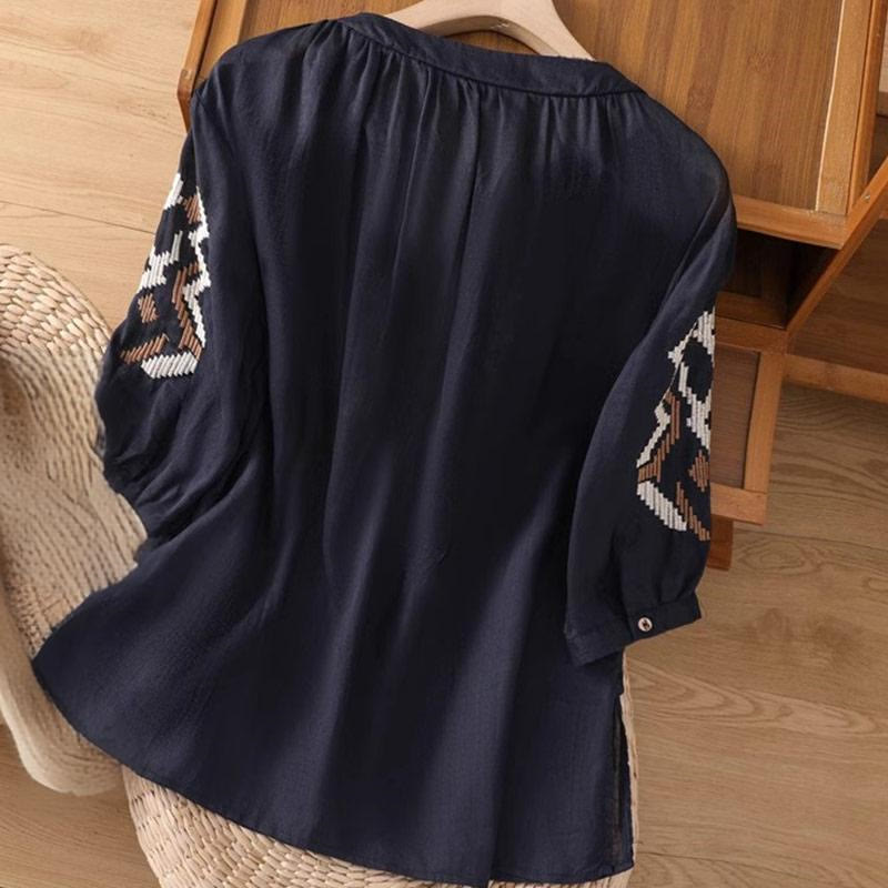 Buddha Stones Lässiges, symmetrisches Stickerei-T-Shirt für Damen mit Rundhalsausschnitt und halblangen Ärmeln aus Spandex