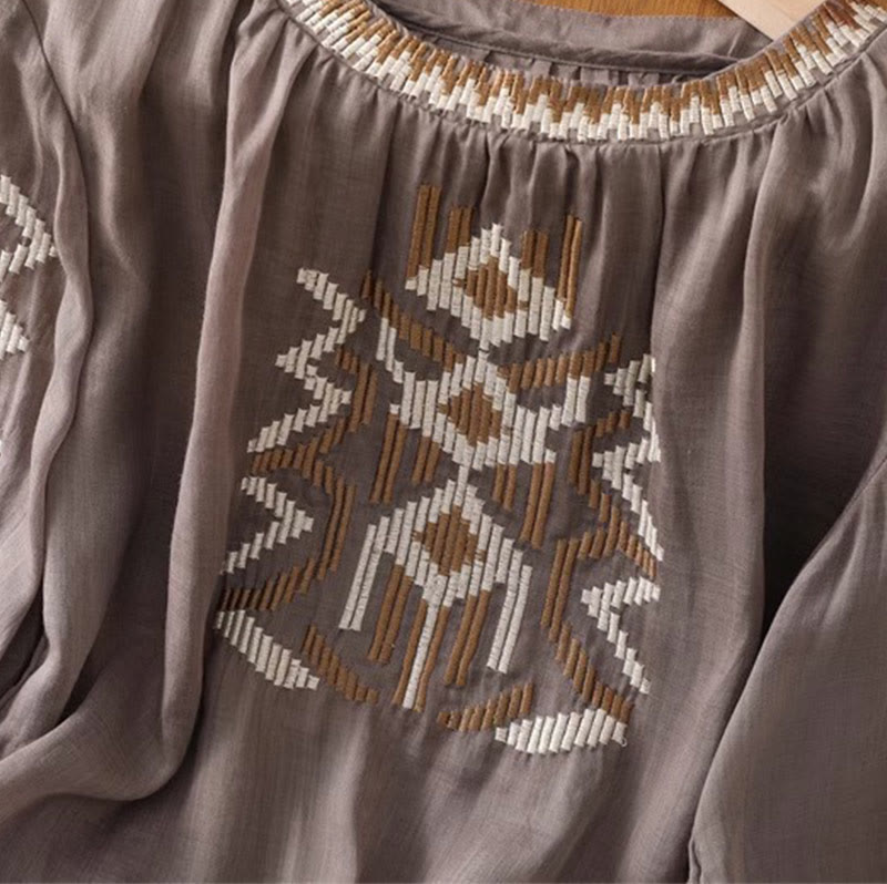 Buddha Stones Lässiges, symmetrisches Stickerei-T-Shirt für Damen mit Rundhalsausschnitt und halblangen Ärmeln aus Spandex