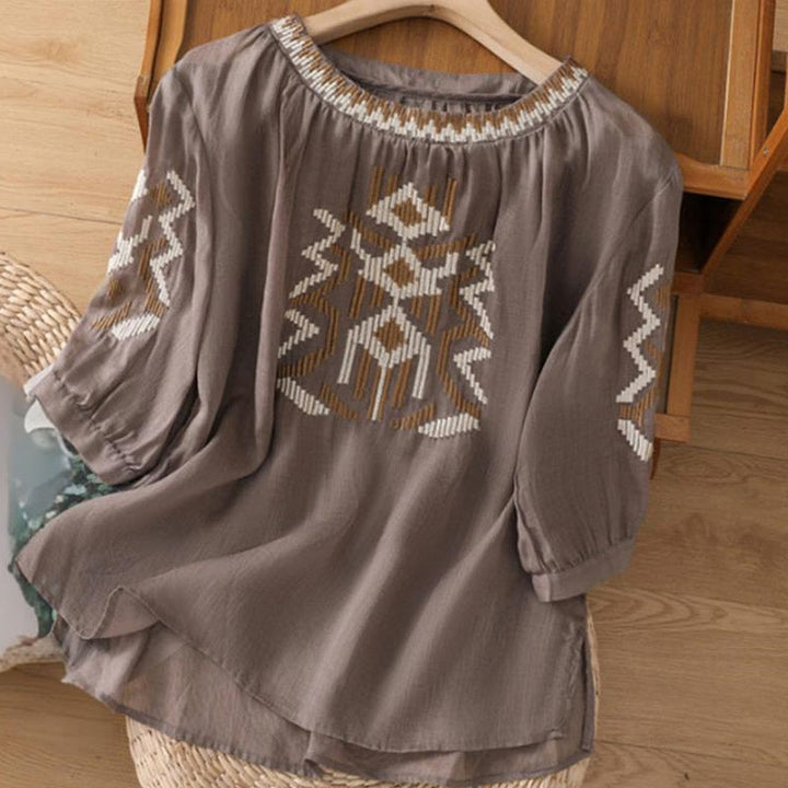 Buddha Stones Lässiges, symmetrisches Stickerei-T-Shirt für Damen mit Rundhalsausschnitt und halblangen Ärmeln aus Spandex