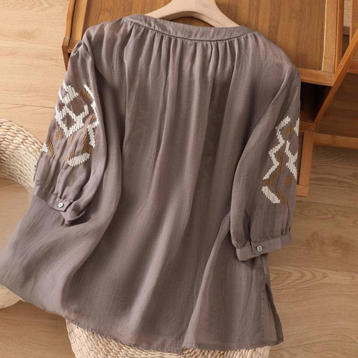 Buddha Stones Lässiges, symmetrisches Stickerei-T-Shirt für Damen mit Rundhalsausschnitt und halblangen Ärmeln aus Spandex