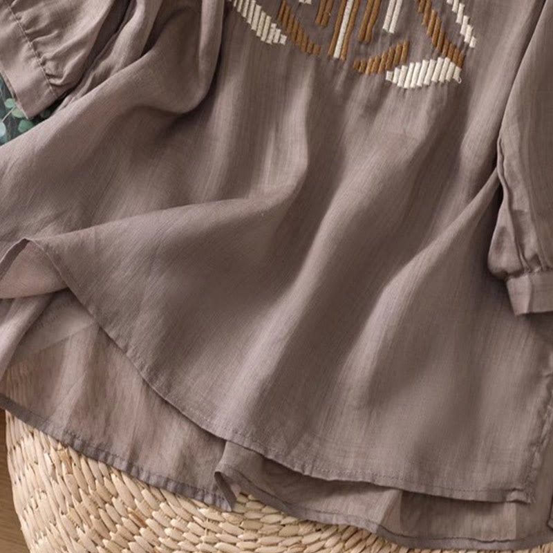 Buddha Stones Lässiges, symmetrisches Stickerei-T-Shirt für Damen mit Rundhalsausschnitt und halblangen Ärmeln aus Spandex