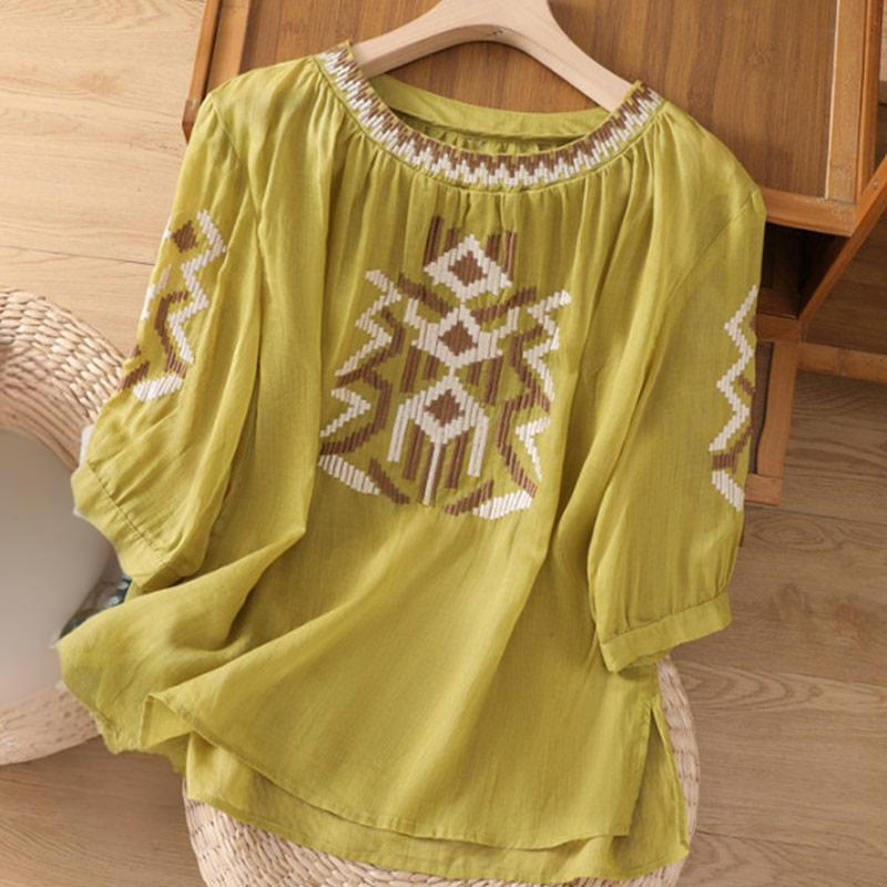 Buddha Stones Lässiges, symmetrisches Stickerei-T-Shirt für Damen mit Rundhalsausschnitt und halblangen Ärmeln aus Spandex