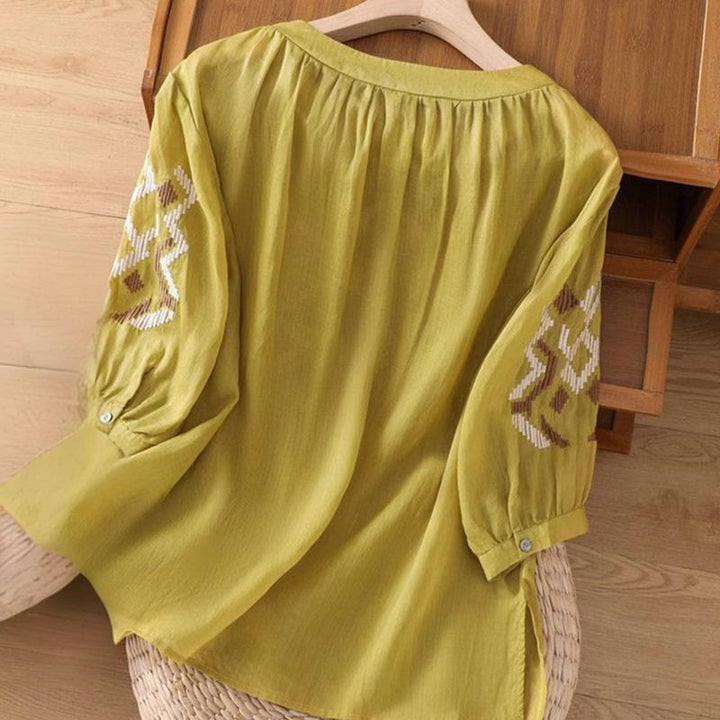 Buddha Stones Lässiges, symmetrisches Stickerei-T-Shirt für Damen mit Rundhalsausschnitt und halblangen Ärmeln aus Spandex