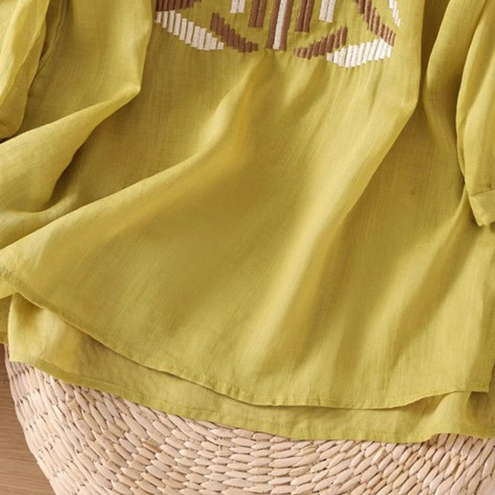 Buddha Stones Lässiges, symmetrisches Stickerei-T-Shirt für Damen mit Rundhalsausschnitt und halblangen Ärmeln aus Spandex