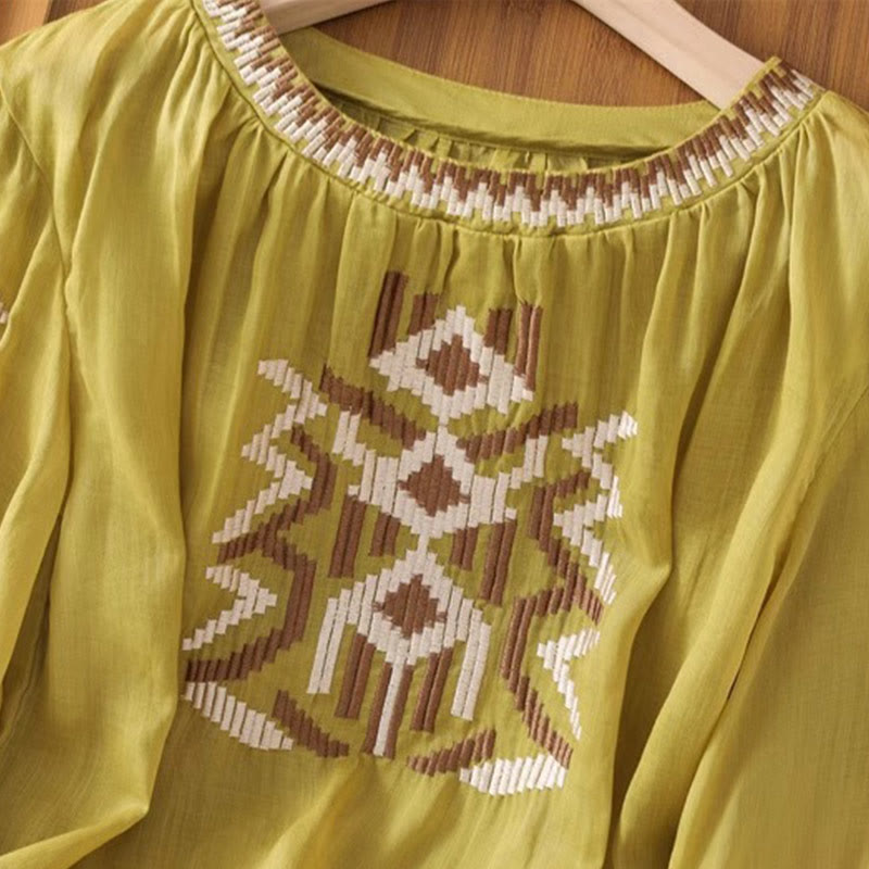 Buddha Stones Lässiges, symmetrisches Stickerei-T-Shirt für Damen mit Rundhalsausschnitt und halblangen Ärmeln aus Spandex