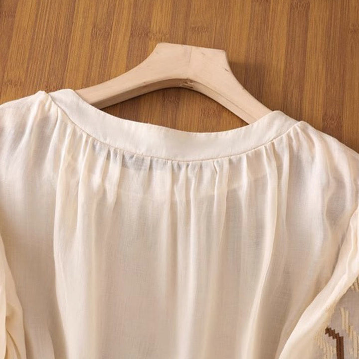 Buddha Stones Lässiges, symmetrisches Stickerei-T-Shirt für Damen mit Rundhalsausschnitt und halblangen Ärmeln aus Spandex
