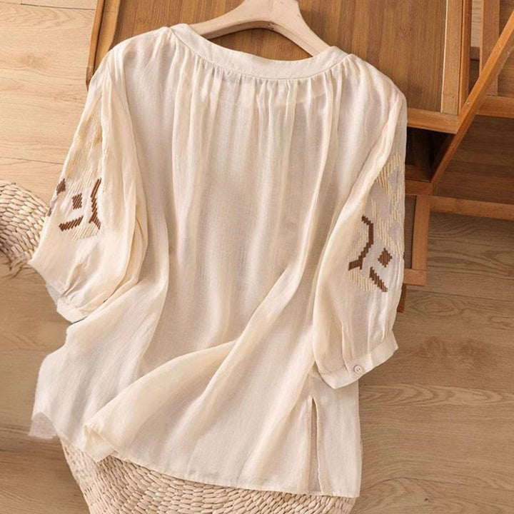 Buddha Stones Lässiges, symmetrisches Stickerei-T-Shirt für Damen mit Rundhalsausschnitt und halblangen Ärmeln aus Spandex