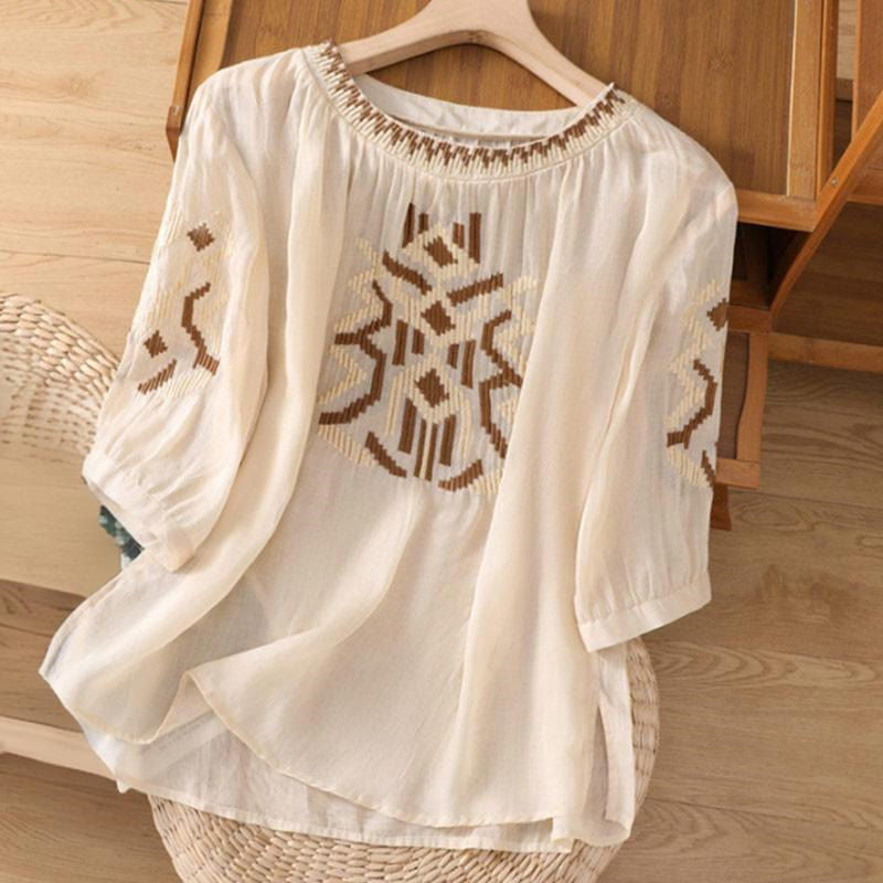 Buddha Stones Lässiges, symmetrisches Stickerei-T-Shirt für Damen mit Rundhalsausschnitt und halblangen Ärmeln aus Spandex
