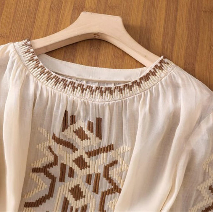 Buddha Stones Lässiges, symmetrisches Stickerei-T-Shirt für Damen mit Rundhalsausschnitt und halblangen Ärmeln aus Spandex