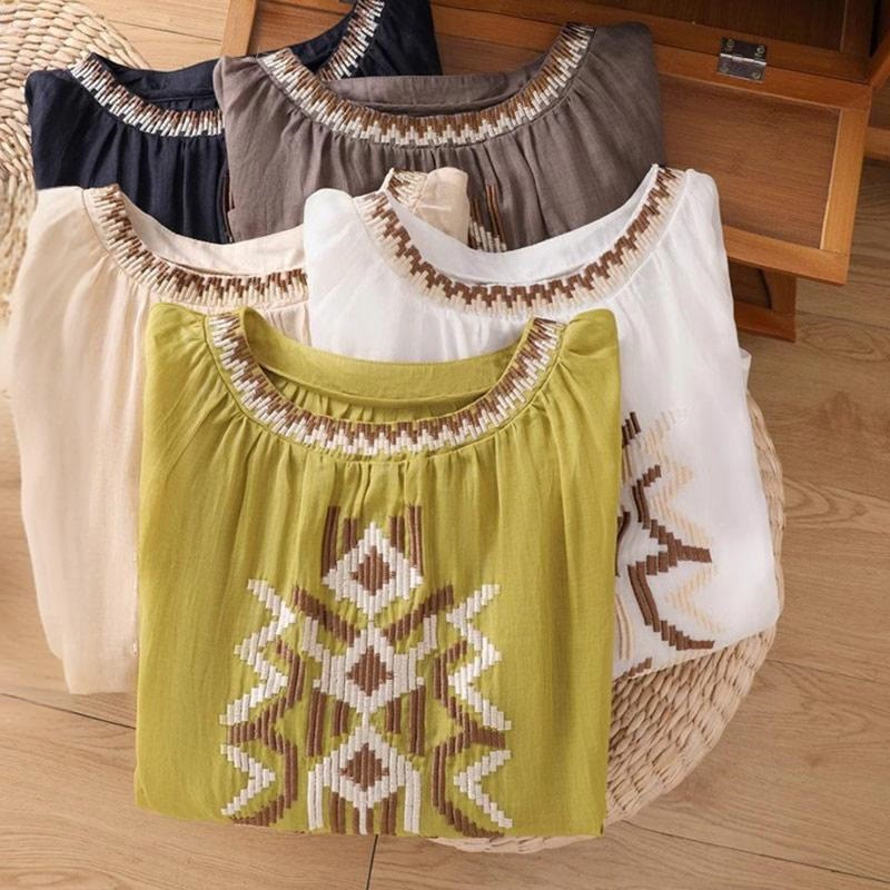 Buddha Stones Lässiges, symmetrisches Stickerei-T-Shirt für Damen mit Rundhalsausschnitt und halblangen Ärmeln aus Spandex