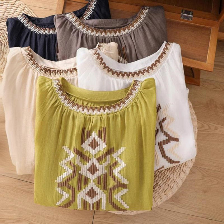 Buddha Stones Lässiges, symmetrisches Stickerei-T-Shirt für Damen mit Rundhalsausschnitt und halblangen Ärmeln aus Spandex