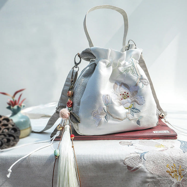 Buddha Stones bestickt Magnolien Pflaumenblüte Baumwolle Leinen Tote Crossbody Bag Schultertasche Handtasche