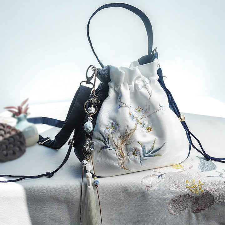 Buddha Stones bestickt Magnolien Pflaumenblüte Baumwolle Leinen Tote Crossbody Bag Schultertasche Handtasche