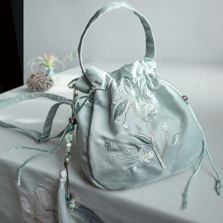 Buddha Stones, bestickt, grüne Blumen, Blütenblätter, Canvas-Tragetasche, Umhängetasche, Handtasche