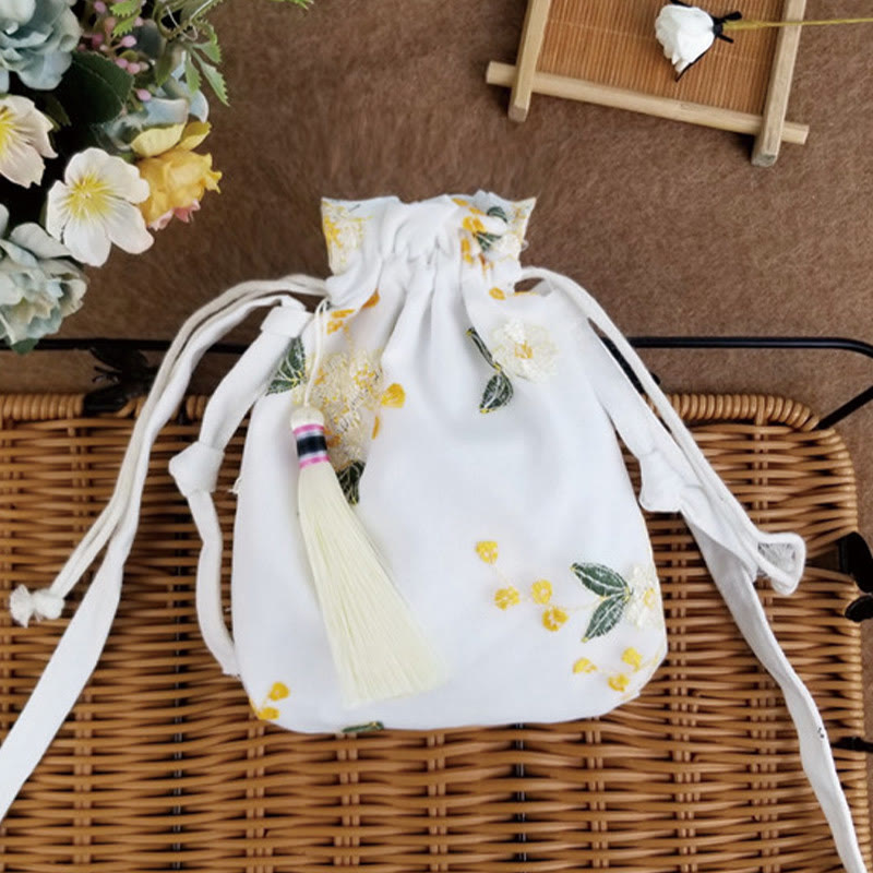 Umhängetasche aus Segeltuch mit Buddha Stones, bestickten Blumen, Kirschblüten und Ranken