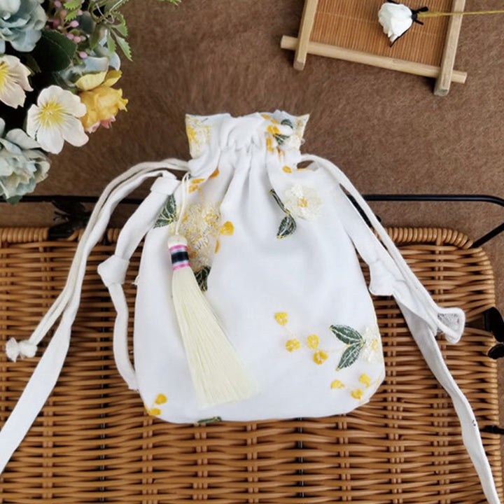 Umhängetasche aus Segeltuch mit Buddha Stones, bestickten Blumen, Kirschblüten und Ranken
