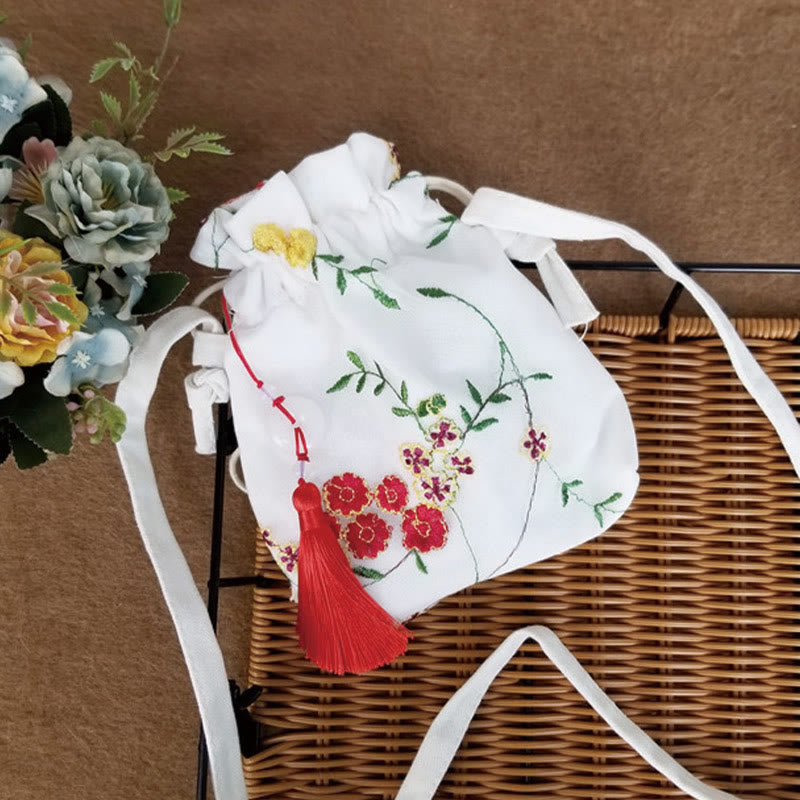 Umhängetasche aus Segeltuch mit Buddha Stones, bestickten Blumen, Kirschblüten und Ranken