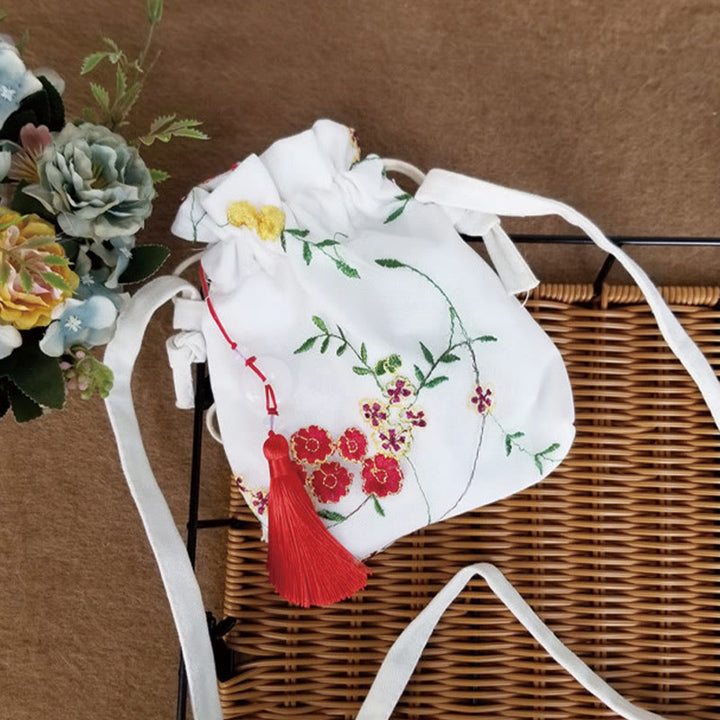 Umhängetasche aus Segeltuch mit Buddha Stones, bestickten Blumen, Kirschblüten und Ranken