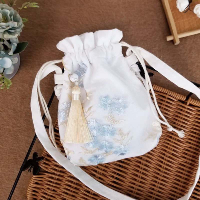 Umhängetasche aus Segeltuch mit Buddha Stones, bestickten Blumen, Kirschblüten und Ranken