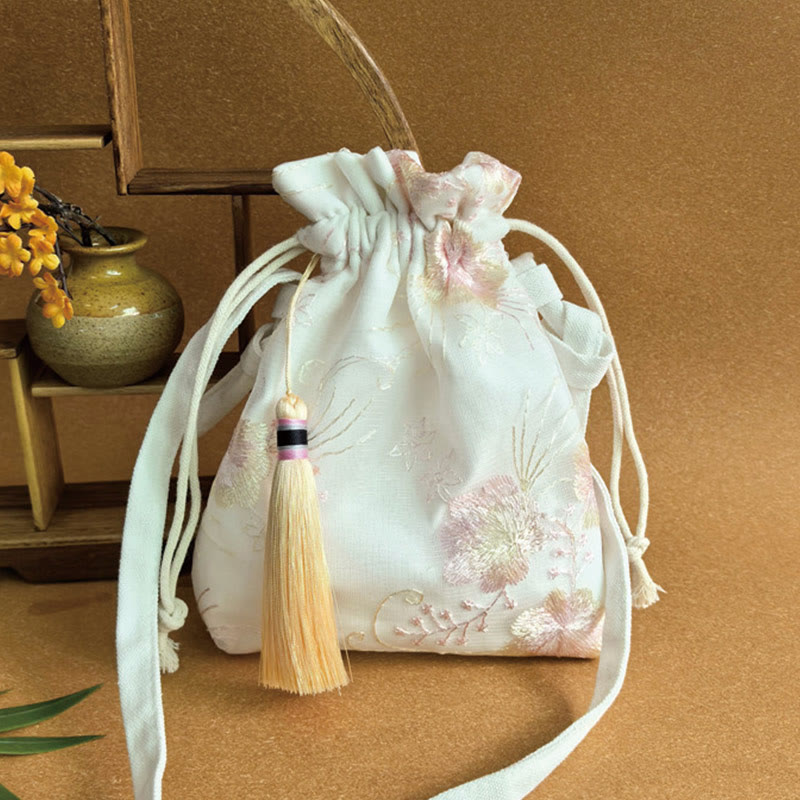 Umhängetasche aus Segeltuch mit Buddha Stones, bestickten Blumen, Kirschblüten und Ranken