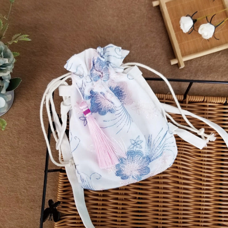 Umhängetasche aus Segeltuch mit Buddha Stones, bestickten Blumen, Kirschblüten und Ranken