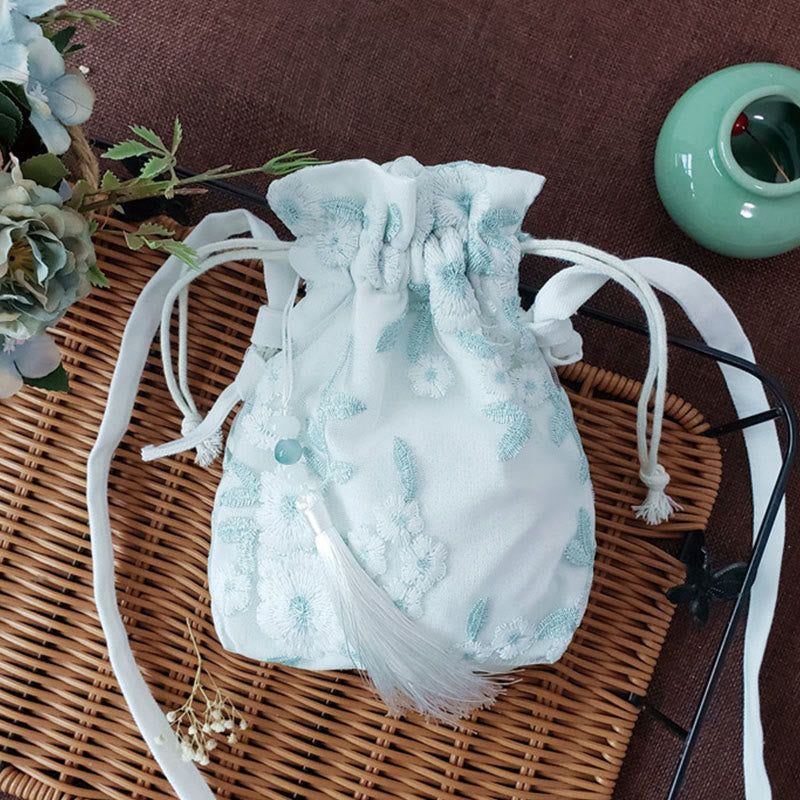 Umhängetasche aus Segeltuch mit Buddha Stones, bestickten Blumen, Kirschblüten und Ranken