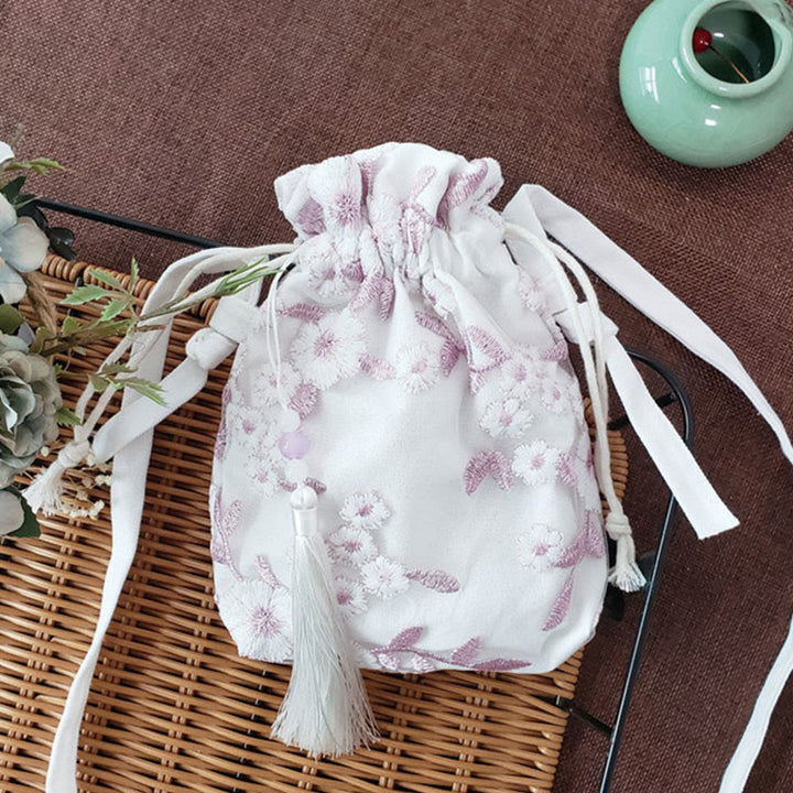 Umhängetasche aus Segeltuch mit Buddha Stones, bestickten Blumen, Kirschblüten und Ranken