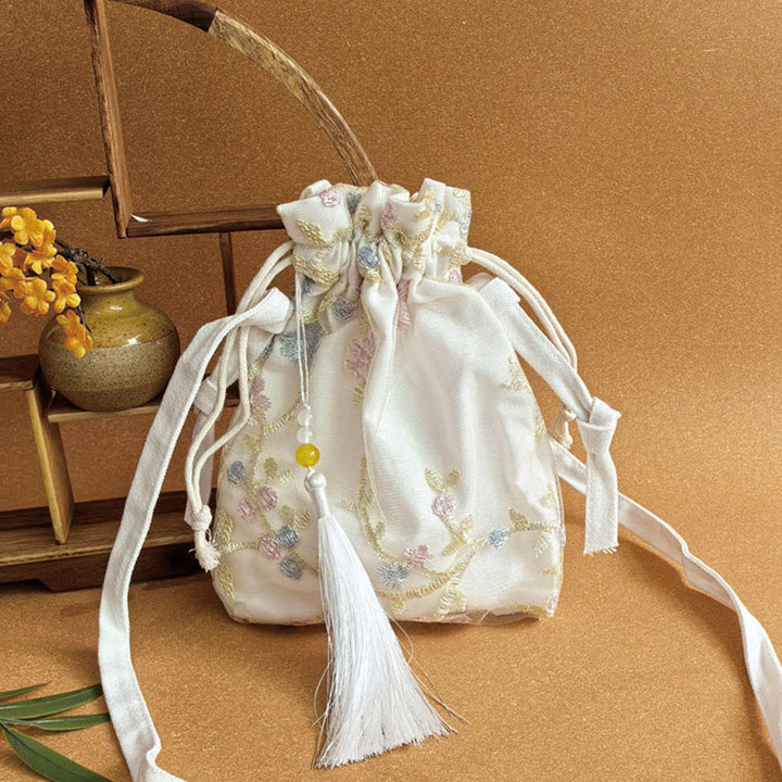 Umhängetasche aus Segeltuch mit Buddha Stones, bestickten Blumen, Kirschblüten und Ranken