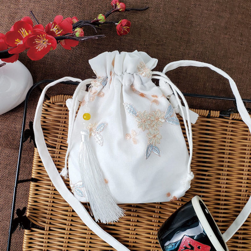 Umhängetasche aus Segeltuch mit Buddha Stones, bestickten Blumen, Kirschblüten und Ranken